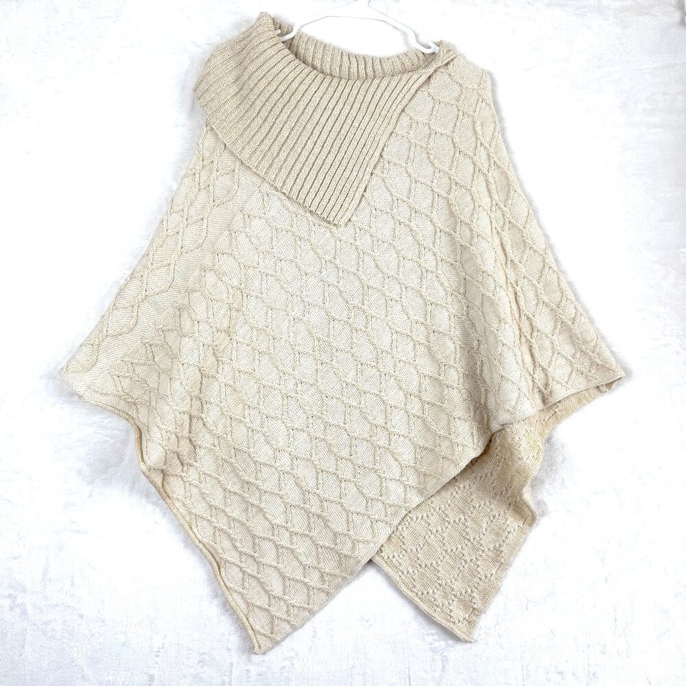 Montecarlo Wool Blend Fold Over Turtleneck Chunky Cable Knit Sweater Cape Cream